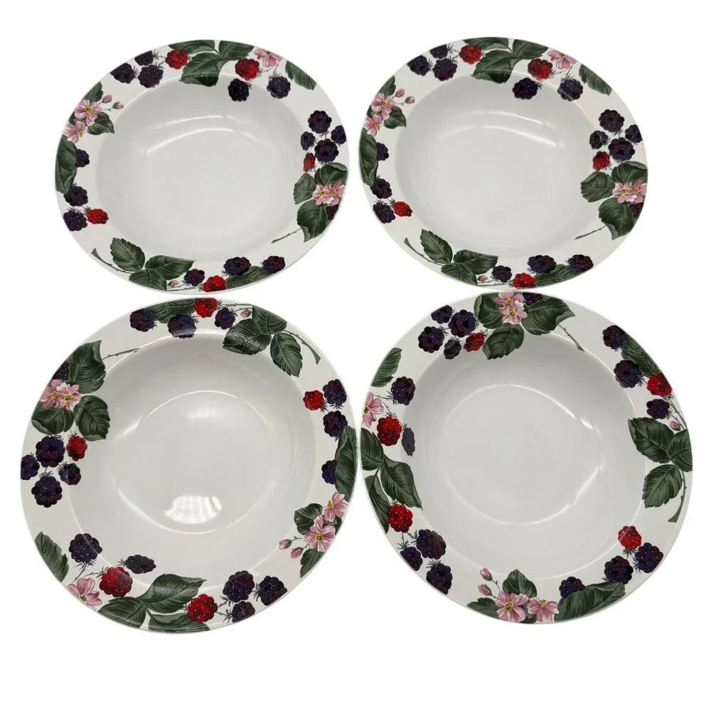 Tienshan Raspberry‎ Social Rim soup bowls lot of four Stoneware replacements